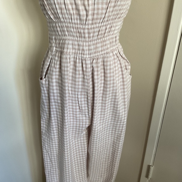 Sincerely Jules Tan White Gingham Jumpsuit S Smocked Wide Leg Summer Boho - Picture 4 of 6